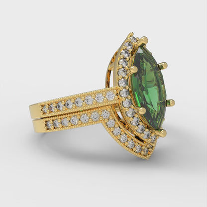 2.4875 cttw Marquise Cut Simulated Emerald Bridal Set - Solid Yellow Gold Engagement Ring & Wedding Band