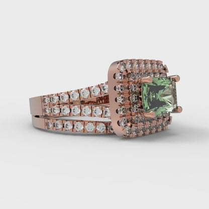 3.05 cttw Emerald Cut Simulated Green Diamond Bridal Set - Solid Rose Gold Engagement Ring & Wedding Band