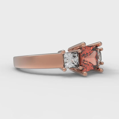 1.11 cttw Zirconia Simulated Red Diamond Three-Stone Engagement Ring - Solid Rose Gold (VVS1, Princess Cut,5.0mm)