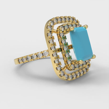 2.62 cttw Simulated Turquoise Hidden Halo Engagement Ring - Solid Yellow Gold (VVS1, Emerald Cut,8X6.0mm)