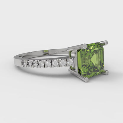 2.7 cttw Natural Peridot Solitaire with Zirconia Simulated Diamond Accents Engagement Ring - Solid White Gold (VVS1, Asscher Cut,6.5mm)