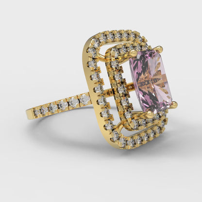 2.62 cttw Zirconia Simulated Pink Diamond Hidden Halo Engagement Ring - Solid Yellow Gold (VVS1, Emerald Cut,8X6.0mm)