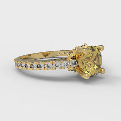 1.465 cttw Natural Citrine Solitaire with Zirconia Simulated Diamond Accents Engagement Ring - Solid Gold (Round Cut,6.5mm)