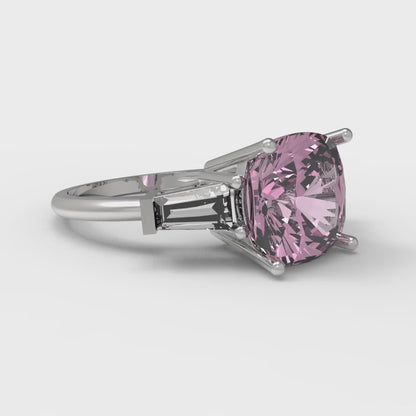 3 cttw Zirconia Simulated Pink Diamond Three-Stone Engagement Ring - Solid Gold (VVS1, Cushion Cut,8.0mm)