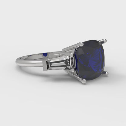 3 cttw Simulated Blue Sapphire Three-Stone Engagement Ring - Solid Gold (Cushion Cut,8.0mm)