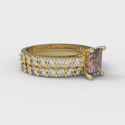 1.325 cttw Emerald Cut Simulated Pink Diamond Bridal Set - Solid Yellow Gold Engagement Ring & Wedding Band