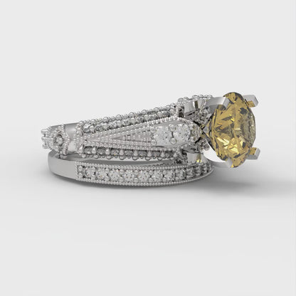 2.095 cttw Round Cut Simulated Yellow Diamond Bridal Set - Solid White Gold Engagement Ring & Wedding Band