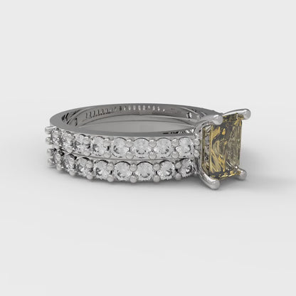 1.325 cttw Emerald Cut Simulated Yellow Diamond Bridal Set - Solid White Gold Engagement Ring & Wedding Band