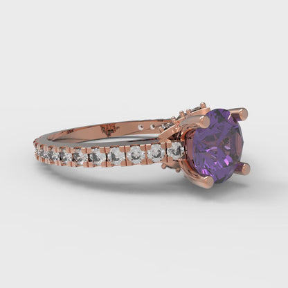 1.465 cttw Natural Amethyst Solitaire with Zirconia Simulated Diamond Accents Engagement Ring - Solid Gold (Round Cut,6.5mm)