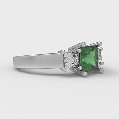 1.11 cttw Simulated Emerald Three-Stone Engagement Ring - Solid White Gold (VVS1, Princess Cut,5.0mm)