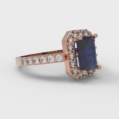 2.16 cttw Emerald Cut Simulated Blue Sapphire Bridal Set - Solid Rose Gold Engagement Ring & Wedding Band