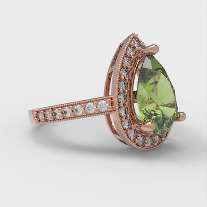 2.36 cttw Natural Peridot Hidden Halo Engagement Ring - Solid Gold (Pear Cut,10x7mm)