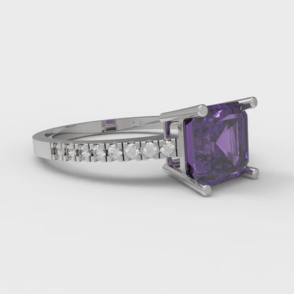 2.7 cttw Natural Amethyst Solitaire with Zirconia Simulated Diamond Accents Engagement Ring - Solid White Gold (VVS1, Asscher Cut,6.5mm)