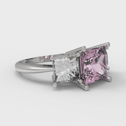 2.5 cttw Zirconia Simulated Pink Diamond Three-Stone Engagement Ring - Solid White Gold  (VVS1, Princess Cut,6.5 mm)