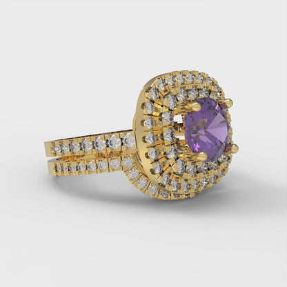 1.7825 cttw Round Cut Natural Amethyst Bridal Set - Solid Yellow Gold Engagement Ring & Wedding Band