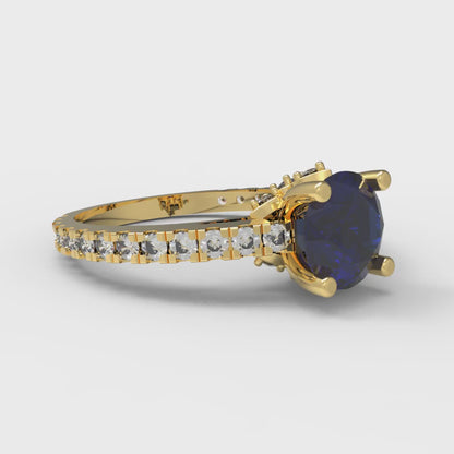 1.465 cttw Simulated Blue Sapphire Solitaire with Zirconia Simulated Diamond Accents Engagement Ring - Solid Gold (Round Cut,6.5mm)