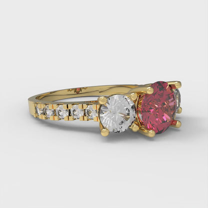 1.97 cttw Simulated Ruby Three-Stone Engagement Ring - Solid Yellow Gold (VVS1, Round Cut,6.5mm)