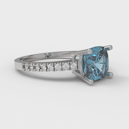 2.7 cttw Zirconia Simulated Blue Diamond Solitaire with Zirconia Simulated Diamond Accents Engagement Ring - Solid Gold (VVS1, Cushion Cut,6.5mm)