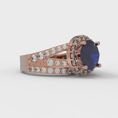 2.32 cttw Round Cut Simulated Blue Sapphire Bridal Set - Solid Rose Gold Engagement Ring & Wedding Band
