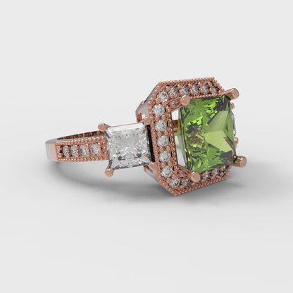 3.005 cttw Natural Peridot Three-Stone Engagement Ring - Solid Rose Gold (VVS1, Princess Cut,7.0mm)