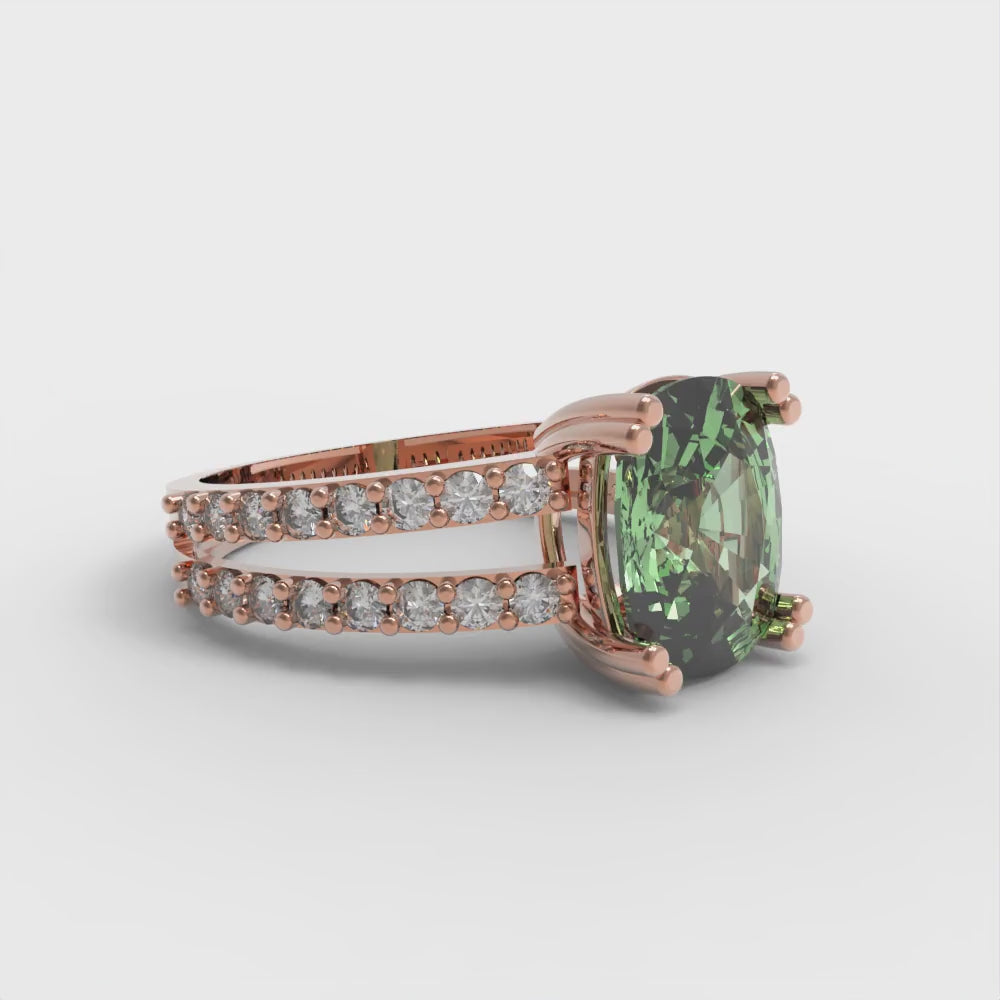 3.48 cttw Zirconia Simulated Green Diamond Solitaire with Zirconia Simulated Diamond Accents Engagement Ring - Solid Gold (VVS1, Long Cushion Cut,9x7mm)