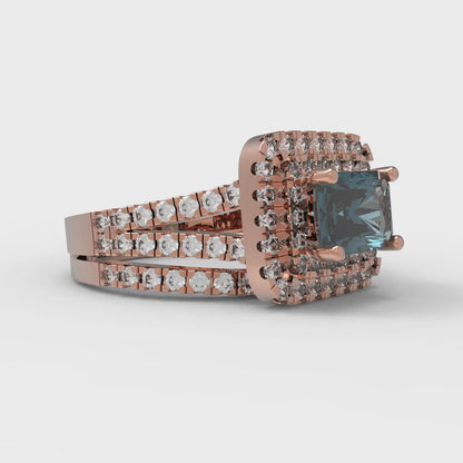 3.05 cttw Emerald Cut Natural London Blue Topaz Bridal Set - Solid Rose Gold Engagement Ring & Wedding Band