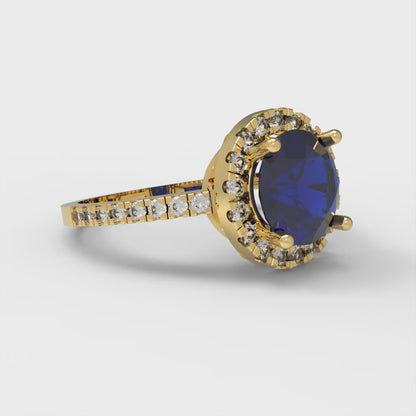 1.8 cttw Simulated Blue Sapphire Hidden Halo Engagement Ring - Solid Gold (Round Cut,7.5mm)