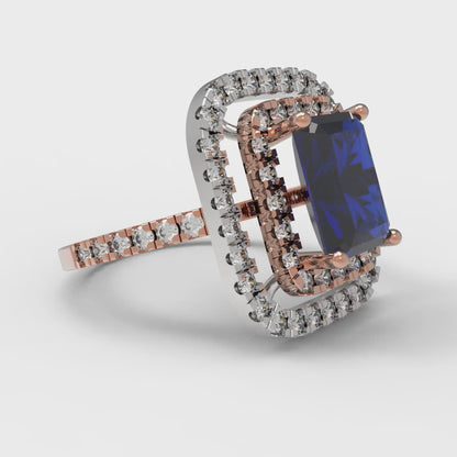 2.62 cttw Simulated Blue Sapphire Hidden Halo Engagement Ring - Solid Rose/White Gold (VVS1, Emerald Cut,8X6.0mm)