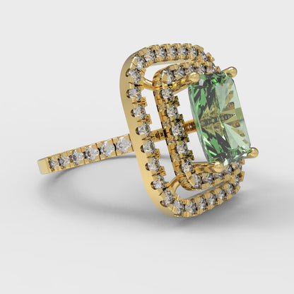 2.62 cttw Zirconia Simulated Green Diamond Hidden Halo Engagement Ring - Solid Yellow Gold (VVS1, Emerald Cut,8X6.0mm)