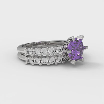 1.66 cttw Round Cut Simulated Alexandrite Bridal Set - Solid White Gold Engagement Ring & Wedding Band