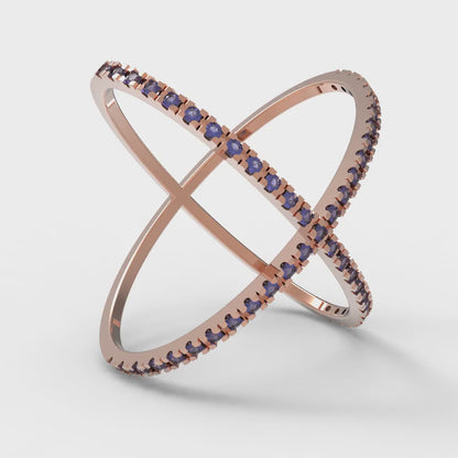 0.245 cttw Simulated Blue Sapphire Statement Engagement Ring - Solid Rose Gold (VVS1, Round Cut,1.0mm)