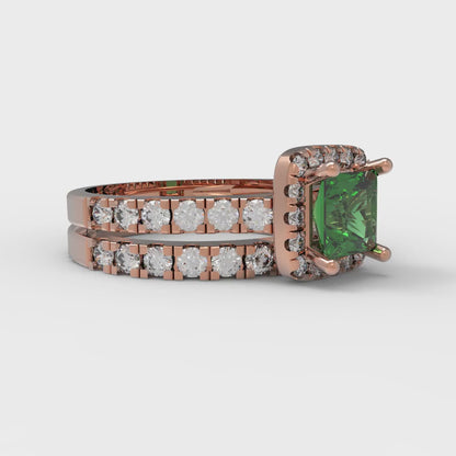 1.56 cttw Princess Cut Simulated Emerald Bridal Set - Solid Rose Gold Engagement Ring & Wedding Band