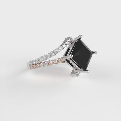 2.3075 cttw Natural Onyx Solitaire with Zirconia Simulated Diamond Accents Engagement Ring - Solid White/Rose Gold (VVS1, Princess Cut,7.0mm)