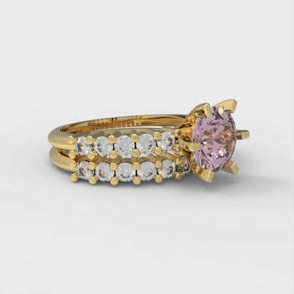 1.66 cttw Round Cut Simulated Pink Diamond Bridal Set - Solid Yellow Gold Engagement Ring & Wedding Band