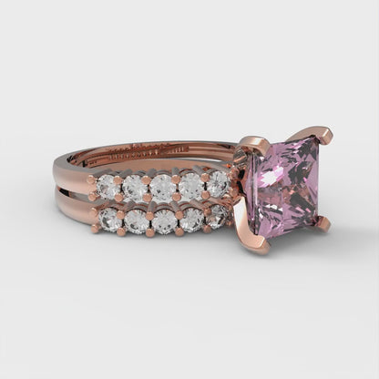 2.63 cttw Princess Cut Simulated Pink Diamond Bridal Set - Solid Rose Gold Engagement Ring & Wedding Band