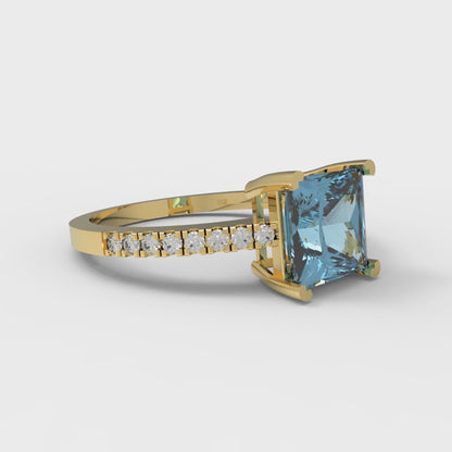 1.62 cttw Natural Aquamarine Solitaire with Zirconia Simulated Diamond Accents Engagement Ring - Solid Yellow Gold (VVS1, Princess Cut,6.5mm)