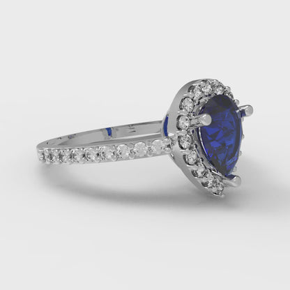 0.755 cttw Simulated Blue Sapphire Solitaire with Zirconia Simulated Diamond Accents Engagement Ring - Solid Gold (Pear Cut,7x5mm )