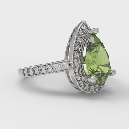 2.36 cttw Natural Peridot Hidden Halo Engagement Ring - Solid Gold (Pear Cut,10x7mm)