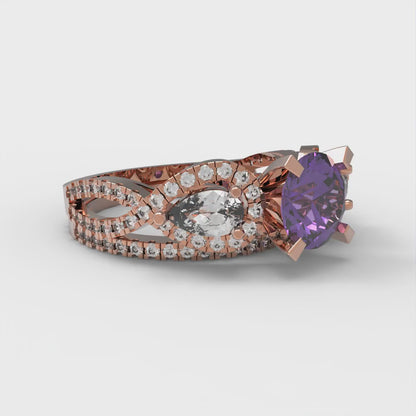 1.925 cttw Round Cut Natural Amethyst Bridal Set - Solid Rose Gold Engagement Ring & Wedding Band