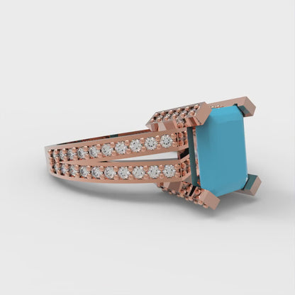 2.45 cttw Simulated Turquoise Solitaire with Zirconia Simulated Diamond Accents Engagement Ring - Solid Rose Gold (VVS1, Emerald Cut,8x6mm)