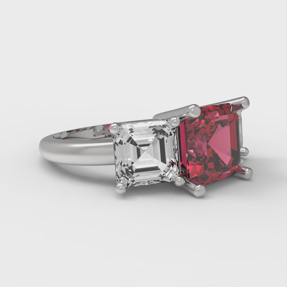 4 cttw Simulated Ruby Three-Stone Engagement Ring - Solid Gold (Square Emerald Cut,7.0X7.0mm)