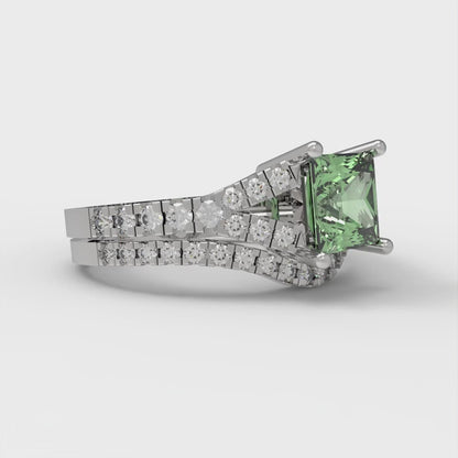 3.4 cttw Princess Cut Simulated Green Diamond Bridal Set - Solid White Gold Engagement Ring & Wedding Band