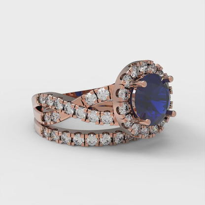 1.795 cttw Round Cut Simulated Blue Sapphire Bridal Set - Solid Rose Gold Engagement Ring & Wedding Band