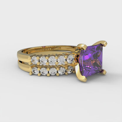 2.63 cttw Princess Cut Simulated Alexandrite Bridal Set - Solid Yellow Gold Engagement Ring & Wedding Band