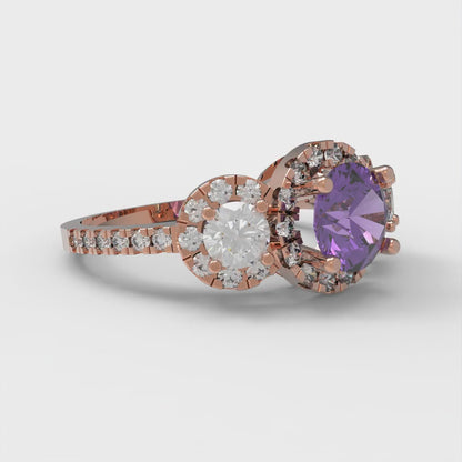 1.46 cttw Natural Amethyst Three-Stone Engagement Ring - Solid Rose Gold (VVS1, Round Cut,6.0mm)