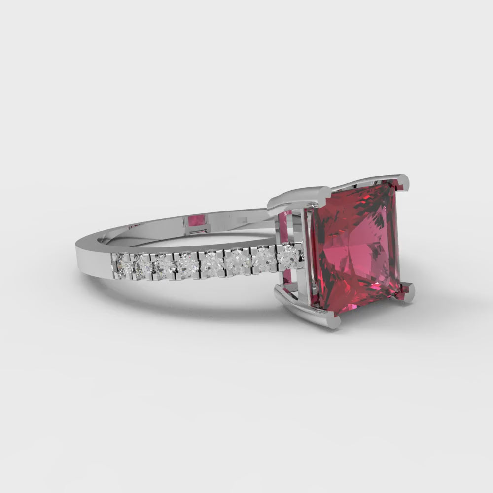 1.62 cttw Natural Garnet Solitaire with Zirconia Simulated Diamond Accents Engagement Ring - Solid Gold (Princess Cut,6.5mm)