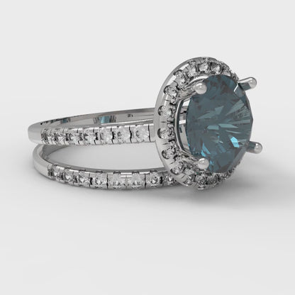 2.52 cttw Round Cut Natural London Blue Topaz Bridal Set - Solid White Gold Engagement Ring & Wedding Band