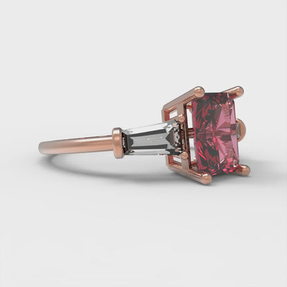 1.5 cttw Simulated Ruby Three-Stone Engagement Ring - Solid Rose Gold (VVS1, Emerald Cut,7.0x5.0mm)