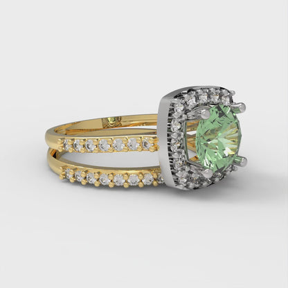 1.495 cttw Round Cut Simulated Green Diamond Bridal Set - Solid Yellow/White Gold Engagement Ring & Wedding Band