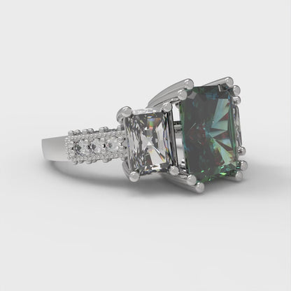 4.27 cttw Blue Moissanite Three-Stone Engagement Ring - Solid Gold (Emerald Cut,9x7mm)